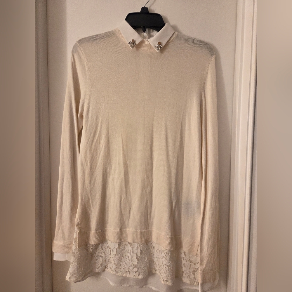 Stella + Lorenzo Cream Sweater with Lace Hem Sz Xs